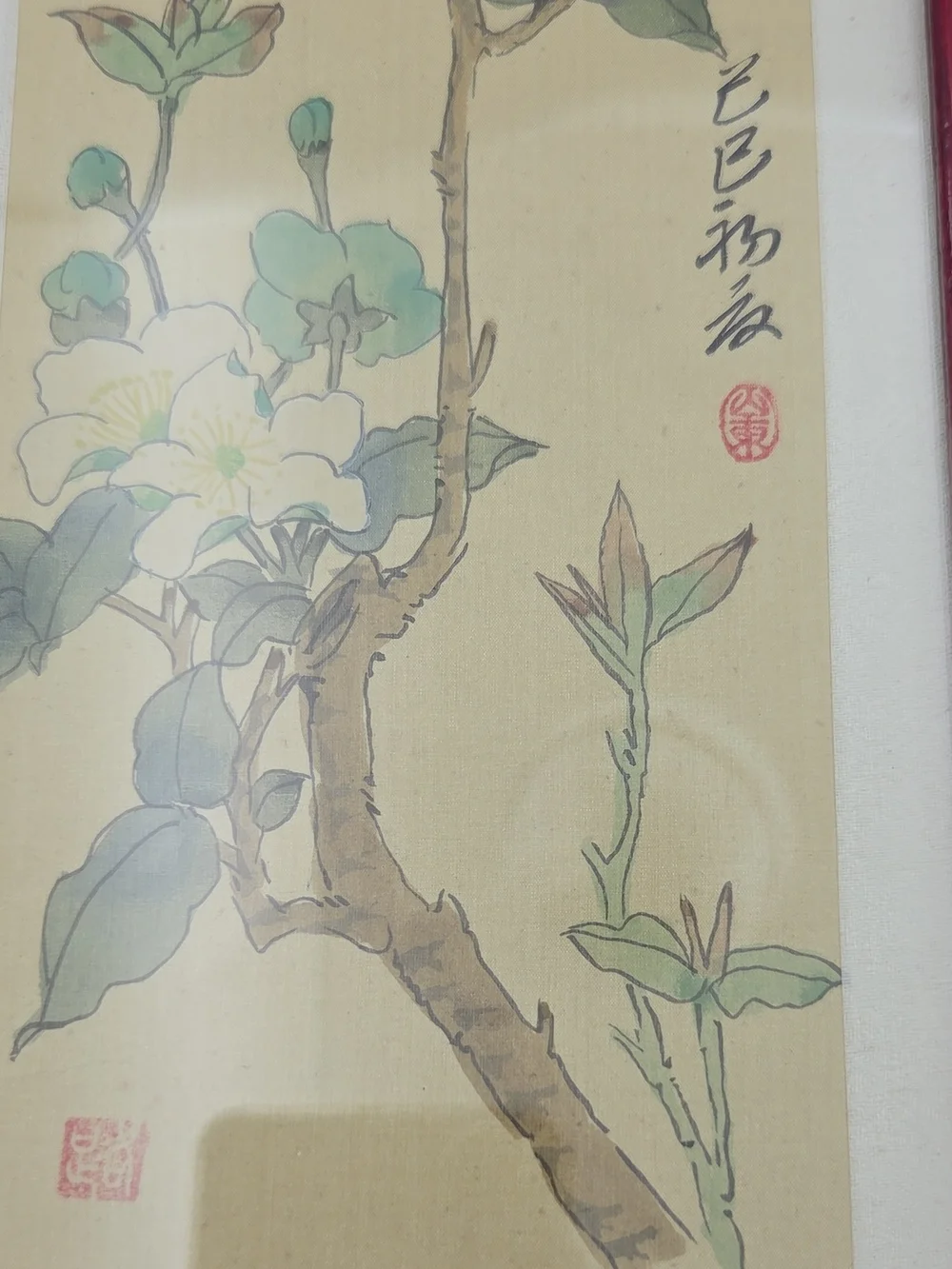 Vintage 80's Asian Pair of Red Framed Silk Botanical & Bird Wall Art Prints